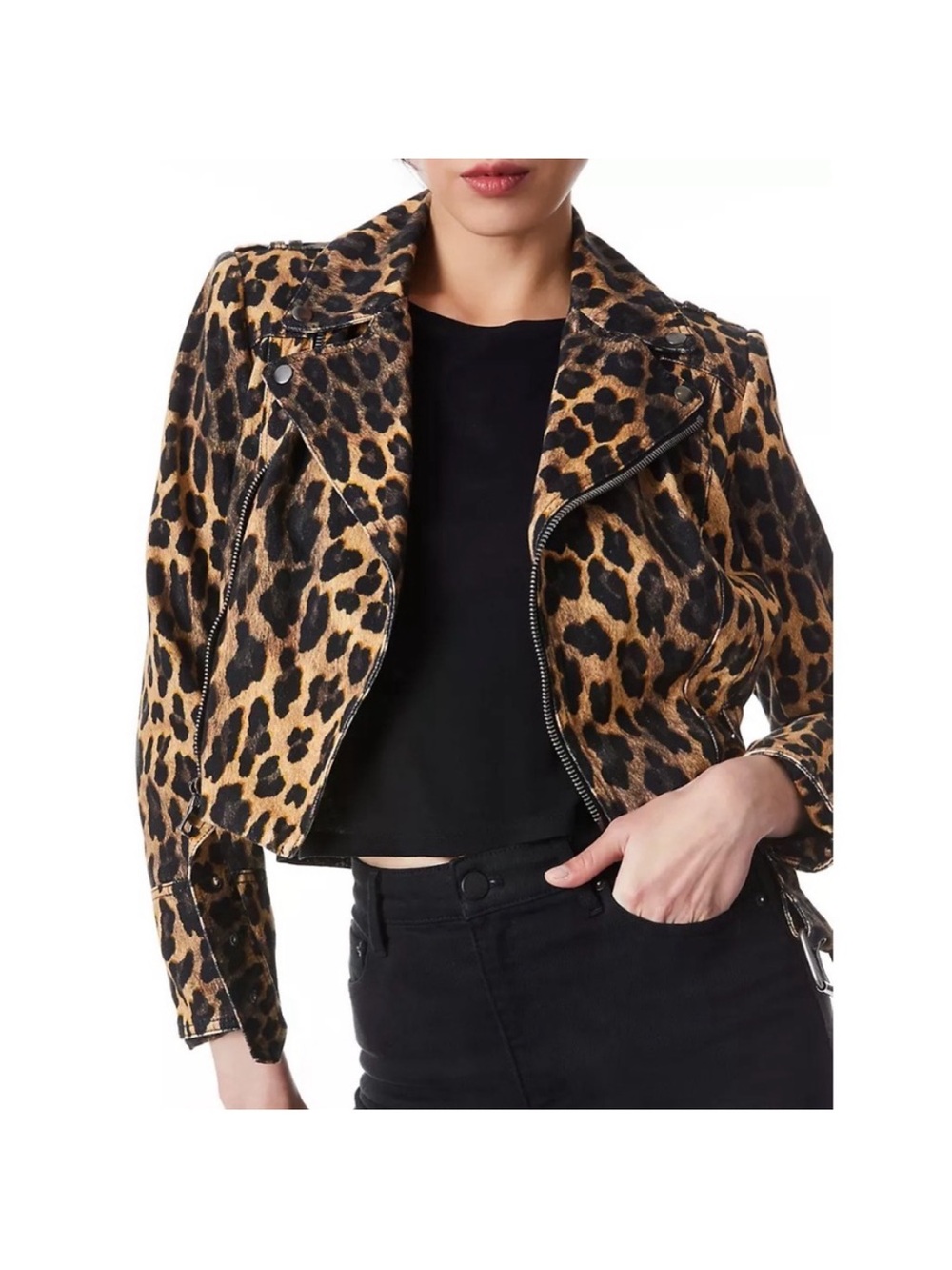 Alice + Olivia Johnsie Cropped Denim Moto Jacket Spotted Leopard Dark Tan Small